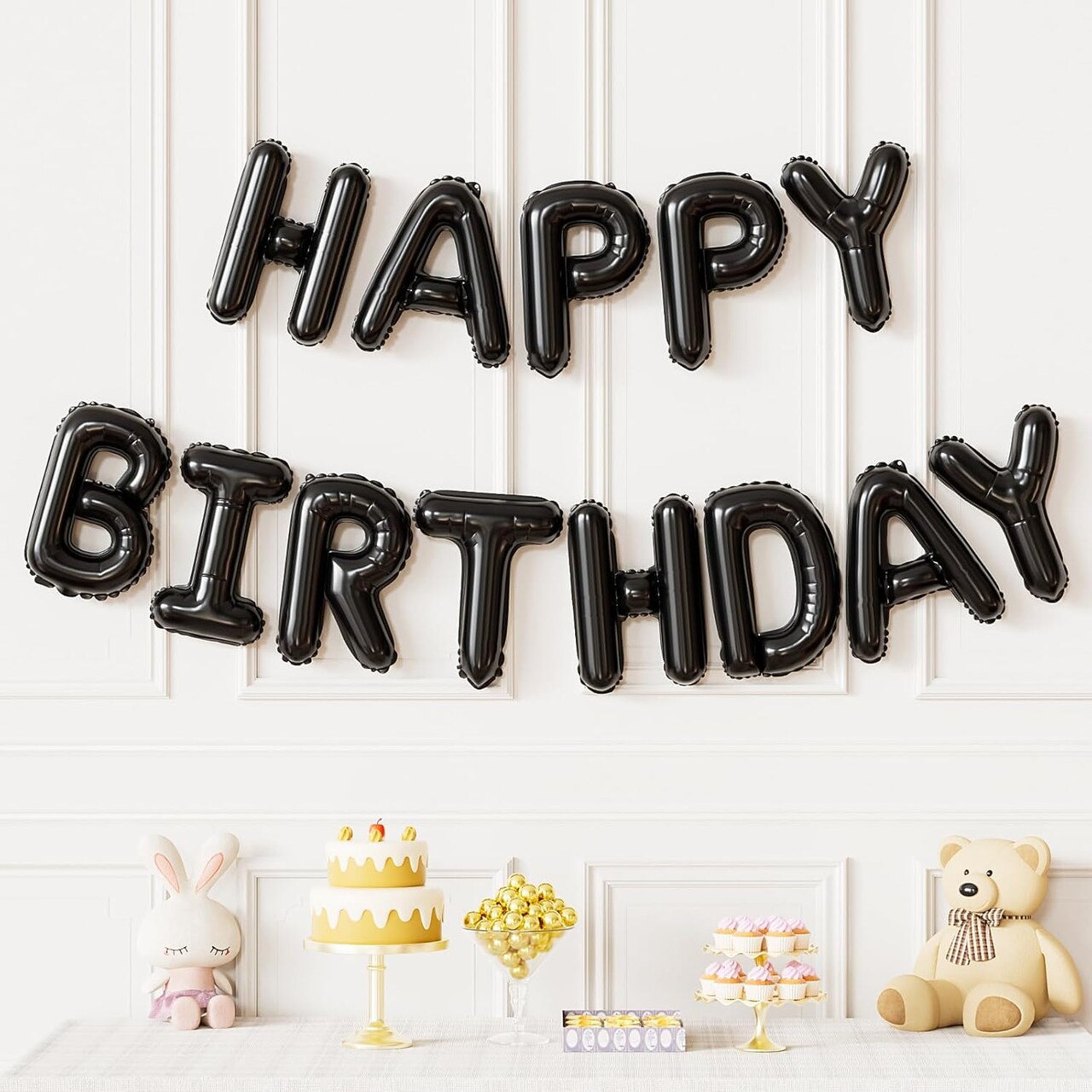 Happy Birthday Balloon Banner – 16” Black Foil Letter Balloons, HBD Mylar Birthday Sign for Women, Men, Boys & Girls Party Decorations (Black)